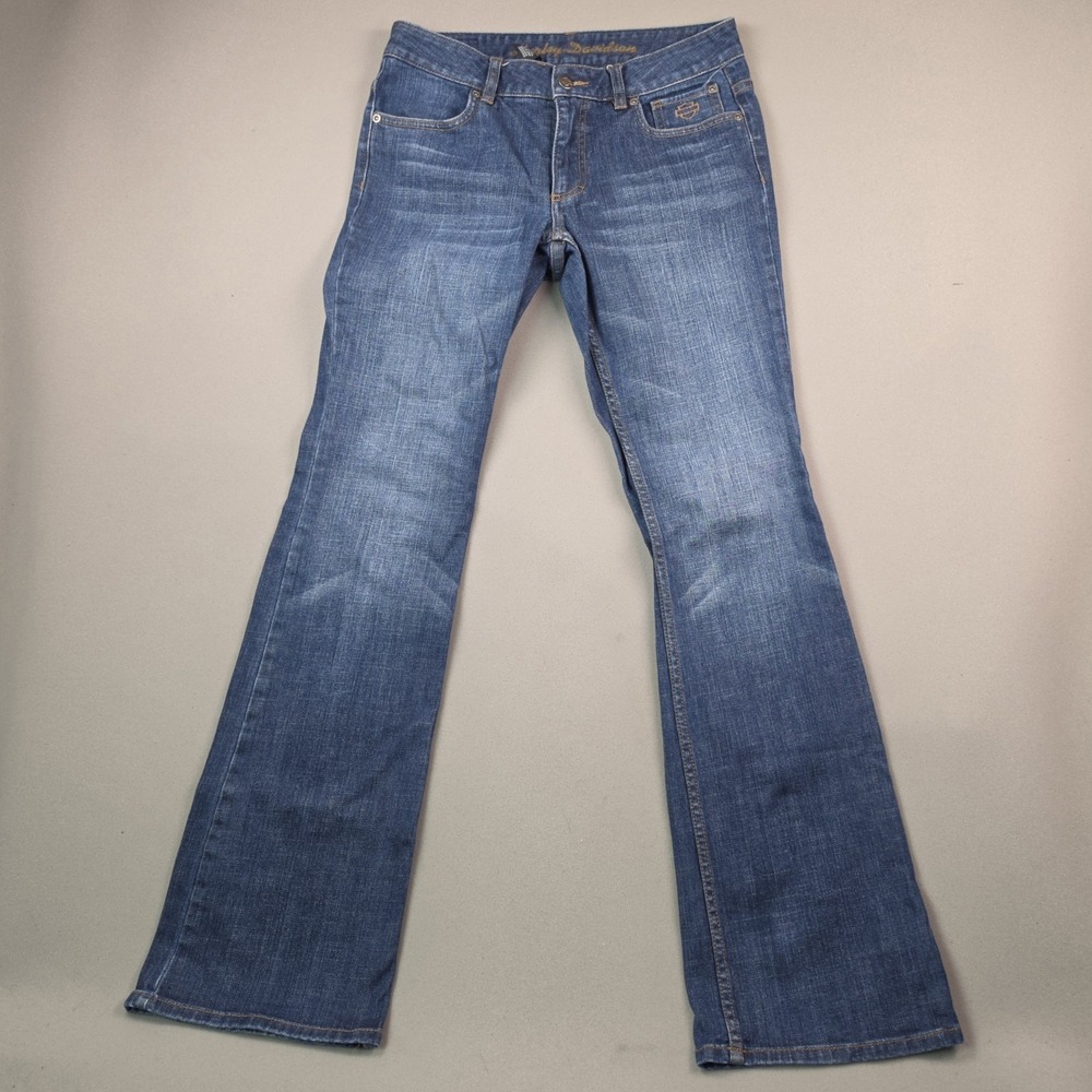 Harley Davidson Womens Jeans Size 6 Long Blue Bootcut Denim HD Logo Pockets EUC